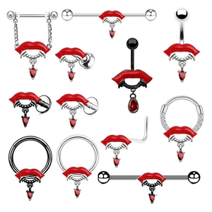 Gothic Vampir Rote Lippen Zirkonia Body Piercing Schmuck Set Edelstahl Bauchnabelpiercing Nippelpiercing Nasenstecker Halloween