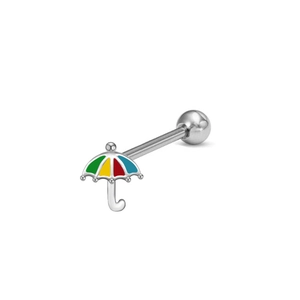 Détail macro du piercing de langue parapluie coloré avec émail et tige en acier argenté