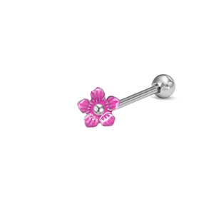 Piercing de langue fleur rose à cinq pétales avec bille polie et barre en acier argenté