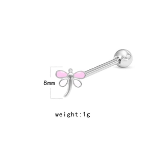 Piercing de langue libellule argentée avec ailes roses, bijou de corps de 8mm en métal poli