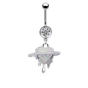 Detail of silver heart-shaped opal navel ring with crystal accents and liquid metal design