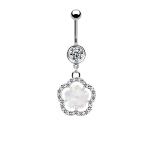 Polished silver navel ring featuring a sparkling zircon flower and opal center stone