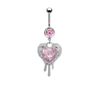 Detail of silver navel ring with pink heart gem and liquid lava style metal frame
