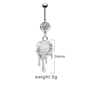 Silver belly button ring featuring a melting metal heart pendant with a white pearl