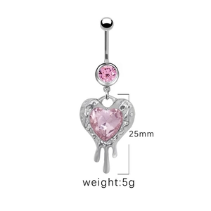 Detail of pink heart belly ring showing dimensions of 25mm length and 5g weight