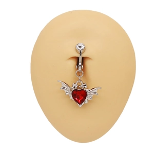 Gothic niet-gepiercte navelring met rood hart kristal en zilveren vleermuisvleugels