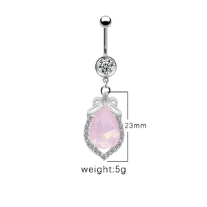 Detail of pink teardrop navel ring with 23mm pendant and halo crystal accents