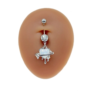 Silver belly button ring with heart-shaped white opal and lava drop pendant detail