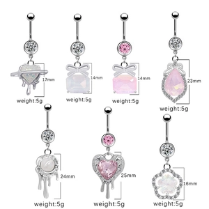Size specifications for seven assorted silver navel rings with pink and opal stone charms