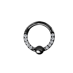 Black titanium piercing ring with opal and white cubic zirconia crystals and ball closure