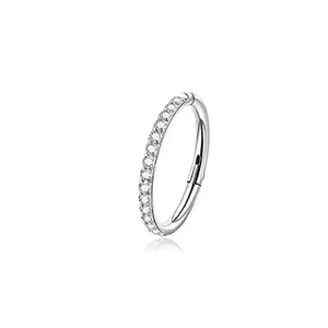 Polished silver hinged clicker hoop ring with sparkling paved white cubic zirconia