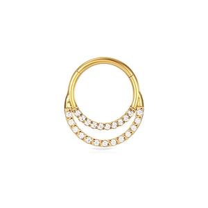 Detail of golden double-row paved zircon titanium body piercing hoop with opal stones
