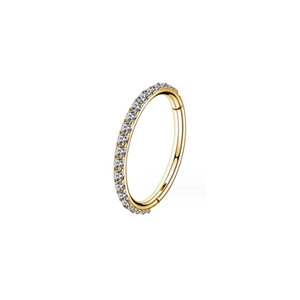Golden hinged segment ring with sparkling clear zircons and polished finish for piercing