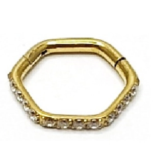Golden hexagonal hinged ring with sparkling cubic zirconia for septum and ears