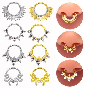 G23 F136 Titanium Septum Clicker Nose Ring For Women Men Cubic Zirconia Heart Sunburst Snake Hinged Segment Piercing Jewelry