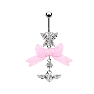 Silberner Bauchnabelpiercing mit rosa Schleife und geflügeltem Herzanhänger mit Zirkon