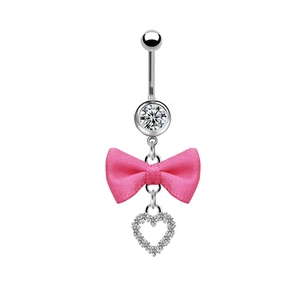 Bauchpiercing mit rosa Schleife, Herzanhänger und glänzenden Kristallen für Damen