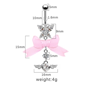 Detailansicht von Silber Bauchnabelpiercing mit rosa Schleife und Herzanhänger Maßen