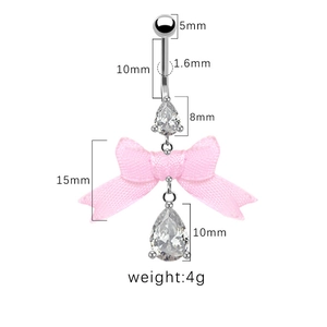 Detailansicht Bauchnabelpiercing mit rosa Schleife, Zirkonia und Maßangaben