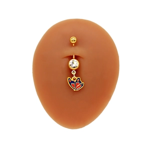 Detail of gold belly ring with zircon and colorful enamel butterfly on a silicone model