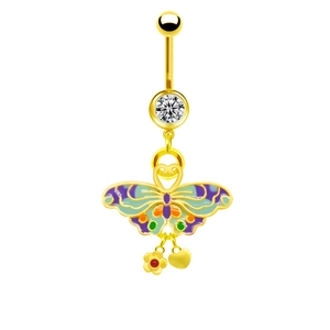 Detail of gold belly ring with colorful enamel butterfly and heart charms with zircon