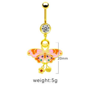 Macro detail of acrylic butterfly navel ring with 20mm drop length and crystal stone
