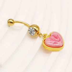 Gold stainless steel belly ring with white zircon and pink heart rose pendant