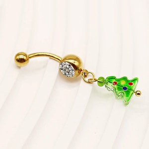 Golden Christmas tree belly button ring with green pendant and sparkling cubic zirconia