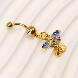 Golden belly button ring with colorful enamel butterfly and sparkling crystal stone