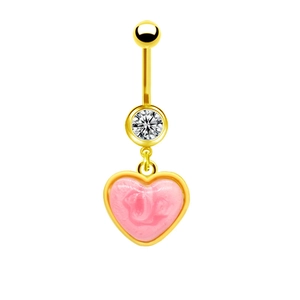 Detailed shot of golden navel ring featuring a sparkling zircon and pink enamel heart charm
