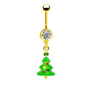 Macro detail of Christmas tree navel ring with gold finish and green enamel pendant