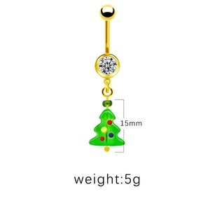 Detail of Christmas tree belly ring with green enamel and 15mm pendant height
