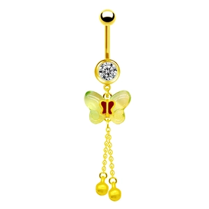 Detail of gold butterfly belly ring with yellow wings, zircon stone, and dangling chains