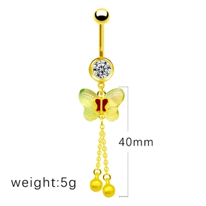 Detailed view of golden butterfly navel ring with green wings and dimensions marked 40mm
