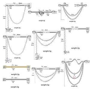 Schema dimensioni di piercing industriali in acciaio con stelle e catenelle