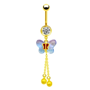 Detailed macro view of golden belly ring featuring blue gradient butterfly and gold tassels