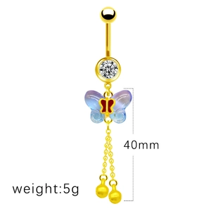 Golden belly button ring featuring a purple acrylic butterfly and white zircon pendant