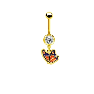 Enamel butterfly belly button ring with orange and purple wings in gold finish