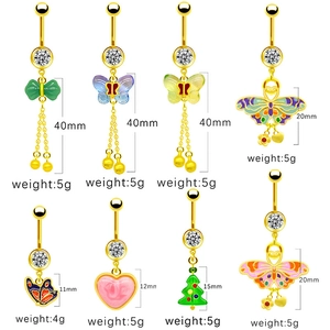 Collection of colorful acrylic butterfly and heart belly rings in gold-plated steel