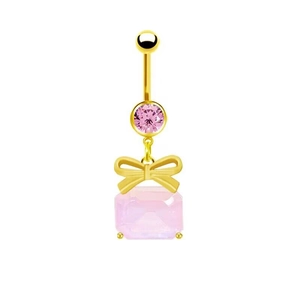 Detail of golden belly ring with pink rectangle gemstone and bowknot charm