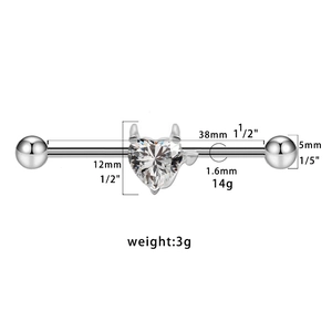 Specifiche del piercing industrial con cuore di zircone e barra in acciaio 38mm