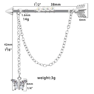 Piercing industrial argento 14G con perline, pendente a farfalla e catena, lungo 38mm