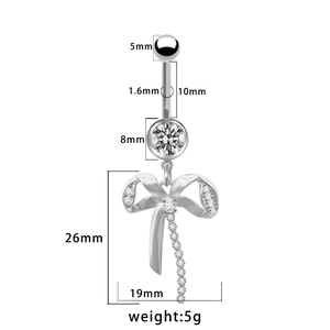 Dettagli e misure del piercing all'ombelico a fiocco d'argento con nappe di zirconi