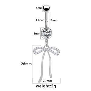 Specifiche dettagliate sulle dimensioni del piercing all'ombelico con fiocco in zirconi