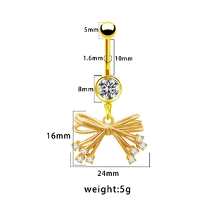 Tabella taglie dettagliata del piercing all'ombelico dorato con fiocco e pietra di zircone