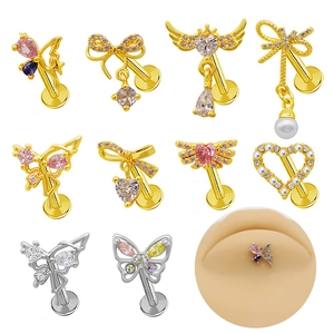 Western Copper Stainless Steel Lip Ring Labret Stud Butterfly Heart Angel Wings Rhinestone Piercing Jewelry For Women
