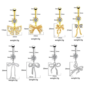 Guida alle dimensioni per piercing all'ombelico con fiocchi in oro e argento e zirconi