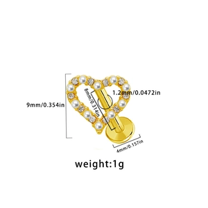 Detailed technical diagram showing dimensions of the heart-shaped pearl labret stud