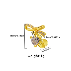 Detail showing dimensions of gold bow and heart zircon labret stud with flat back design