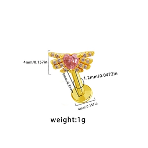 Detailed view of pink heart labret stud with dimensions showing 8mm bar and wing design